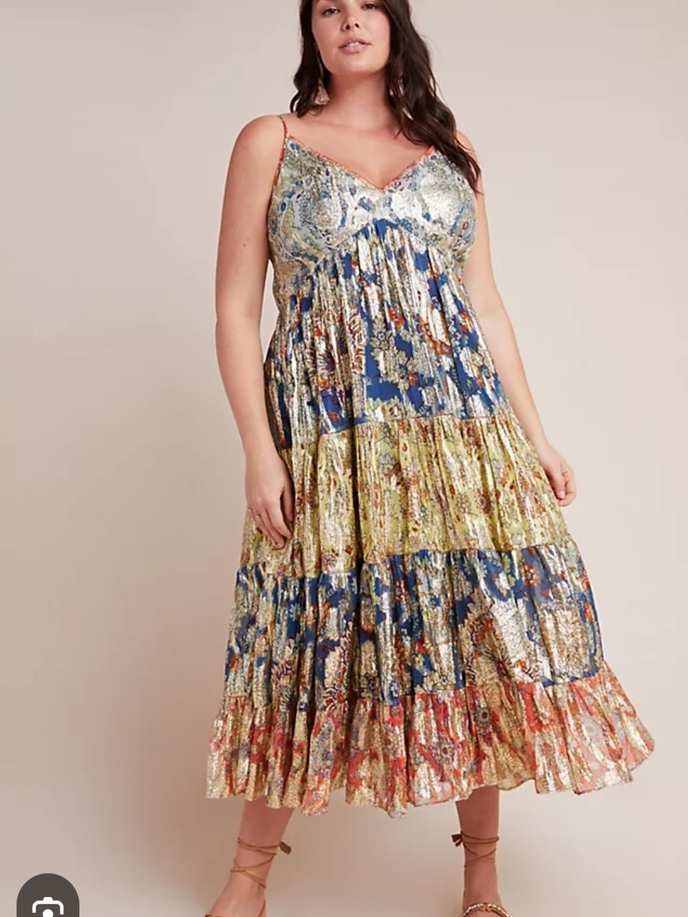 Boho Tiered Maxi Dress with Metallic Floral Print - Blue/Gold